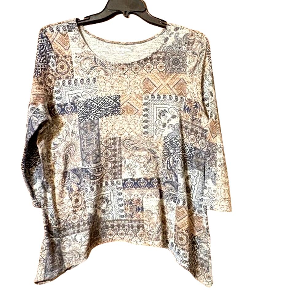 Kim Rogers Navy Beige Brown Womens Asymmetrical Hem Tunic Top Sz Large 3/4 Slv